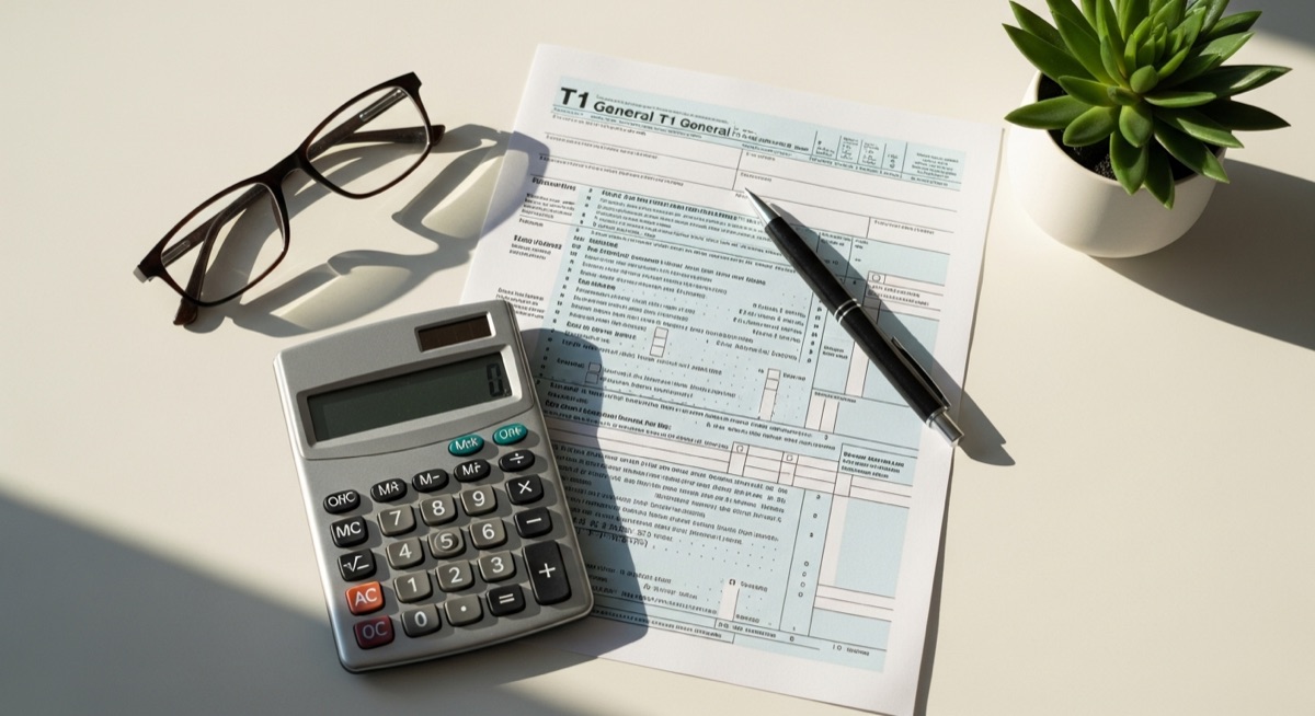 Canadian T1 tax return form with calculator and pen on a white desk