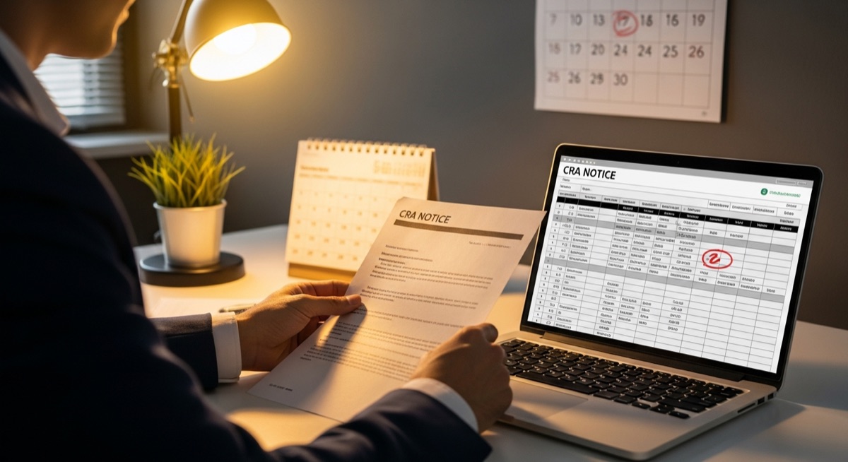 Business owner reviewing a CRA notice letter with instalment spreadsheet on laptop