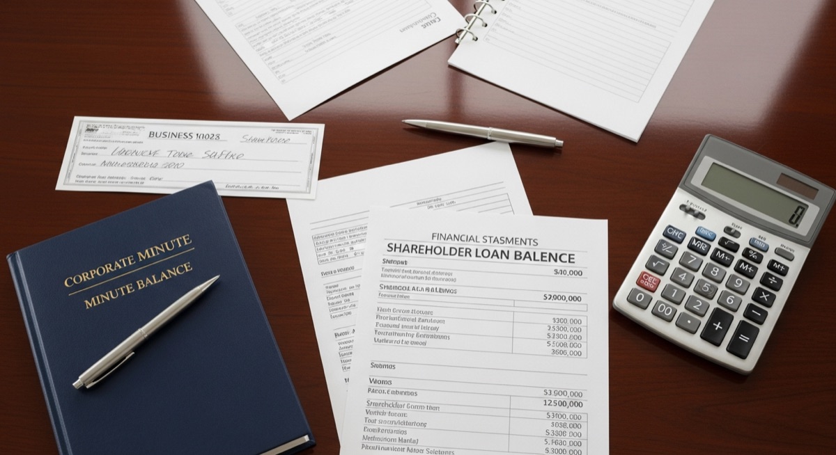 Corporate minute book and shareholder loan balance sheet on a boardroom table