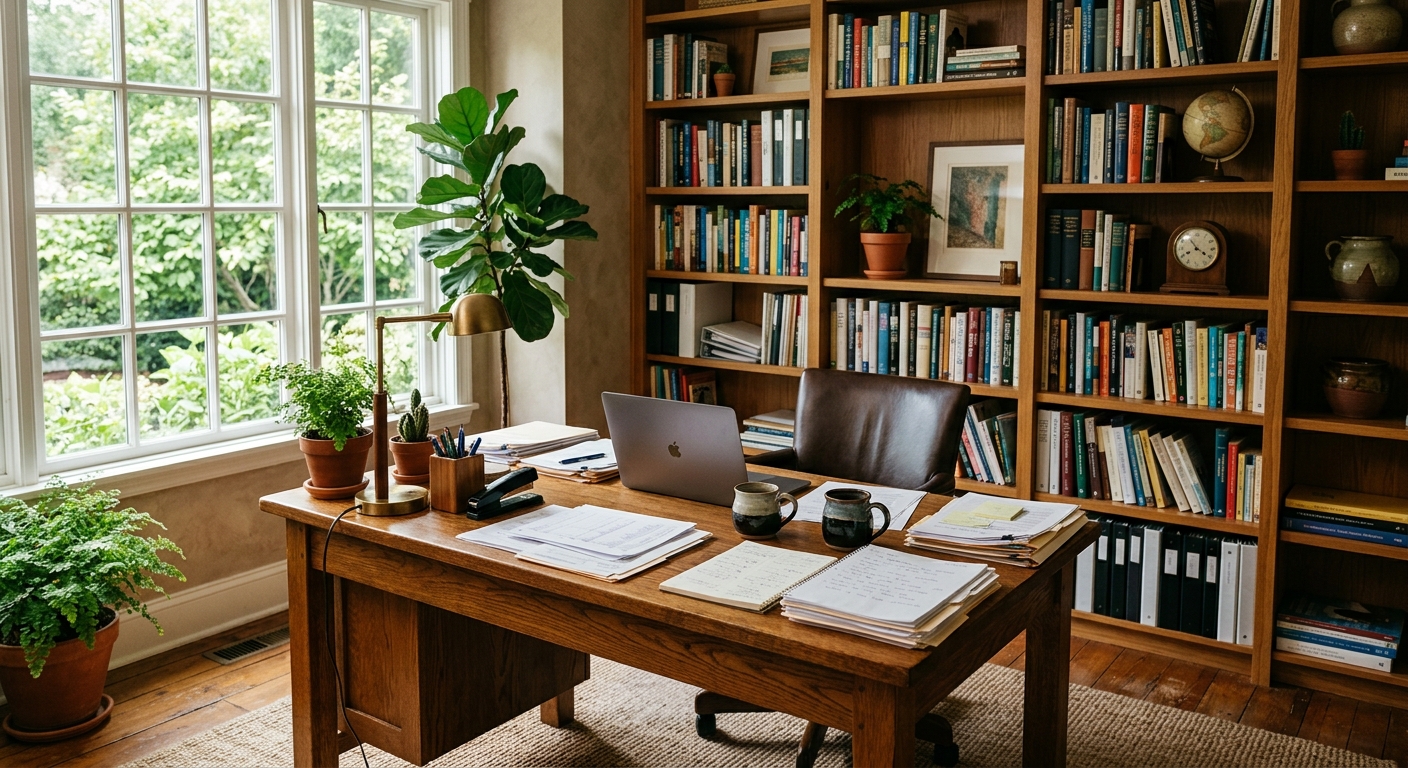Warm professional office with bookshelves and natural light